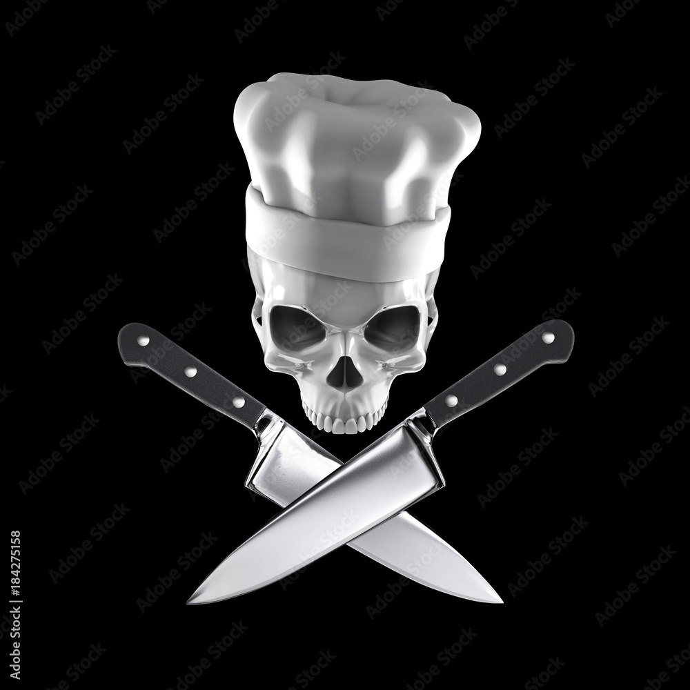 Chef skull concept / 3D illustration of skull wearing chef hat above  crossed kitchen knives Stock Illustration