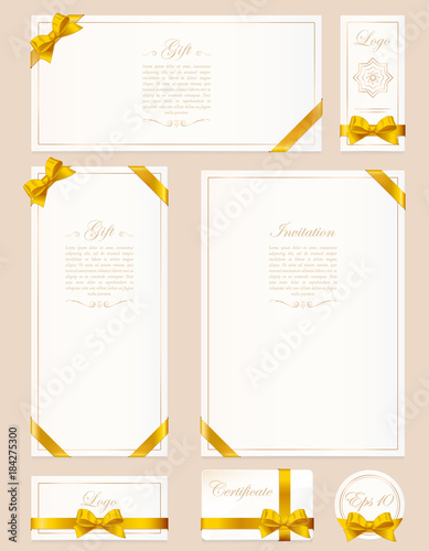 Set gift card, certificate and voucher on light background. Gift bow with yellow ribbon and space for text. Template for voucher, invitation, gift, banner, certificate or poster design.