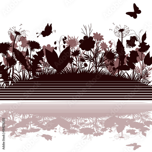 Flowers and Butterflies Silhouettes, Symbolic Landscape on White Background. Vector