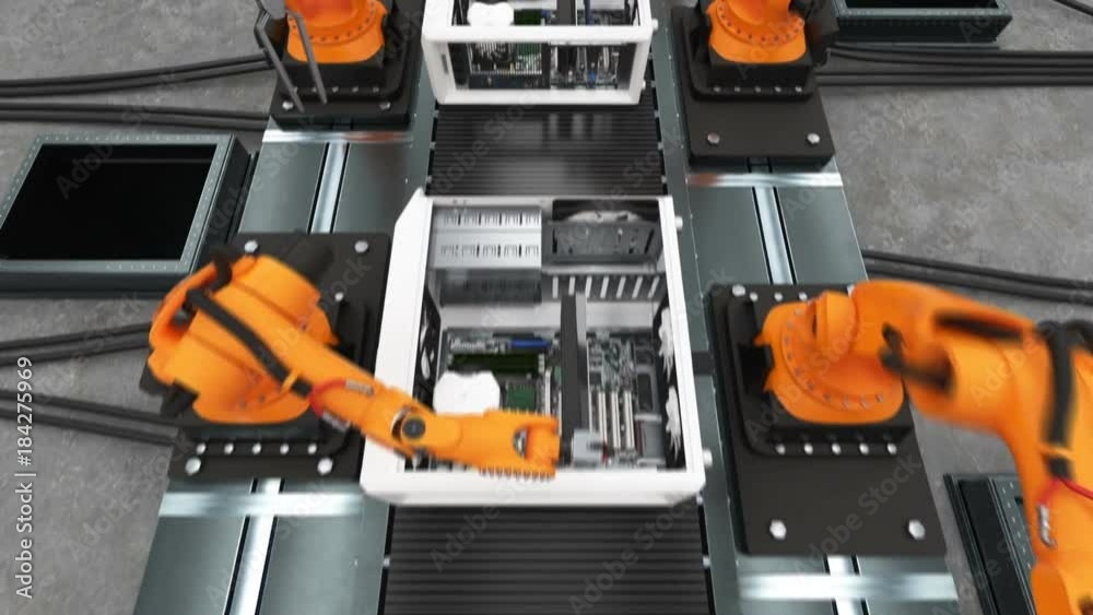 Band of Robotic Arms Assembling Computer Cases On Conveyor Belt. Modern Advanced Automated Process. 3d Animation. Business, Industrial and Technology Concept. 4k Ultra HD 3840x2160. Band of Robotic Arms Assembling Computer Cases On Conveyor Belt. Modern Advanced Automated Process. 3d Animation. Business, Industrial and Technology Concept. 4k Ultra HD 3840x2160.