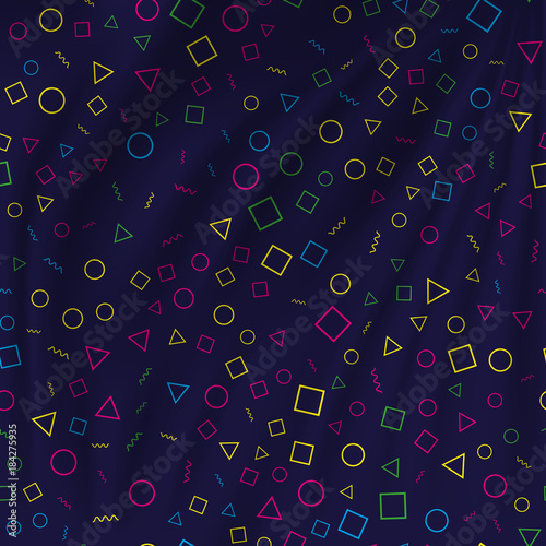 Memphis seamless pattern on dark background. Colorful geometric seamless pattern different shapes color style. Vector Illustration.