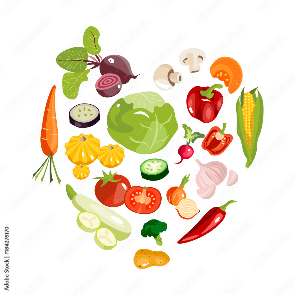 Isolated heart silhouette made of fruits and vegetables. Isolated heart silhouette made of fruits and vegetables.