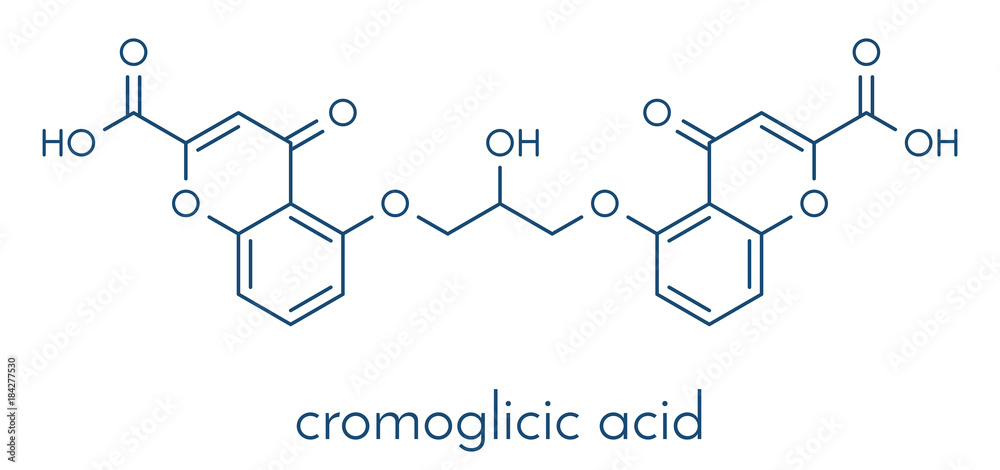 Cromoglicic acid (cromolyn, cromoglycate) asthma and allergy drug molecule. Skeletal formula. Cromoglicic acid (cromolyn, cromoglycate) asthma and allergy drug molecule. Skeletal formula.