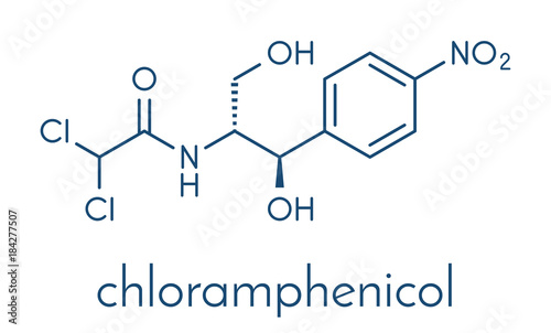 Chloramphenicol antibiotic drug molecule. Skeletal formula.