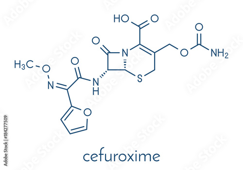 Cefuroxime second generation cephalosporin antibiotic molecule. Skeletal formula. photo