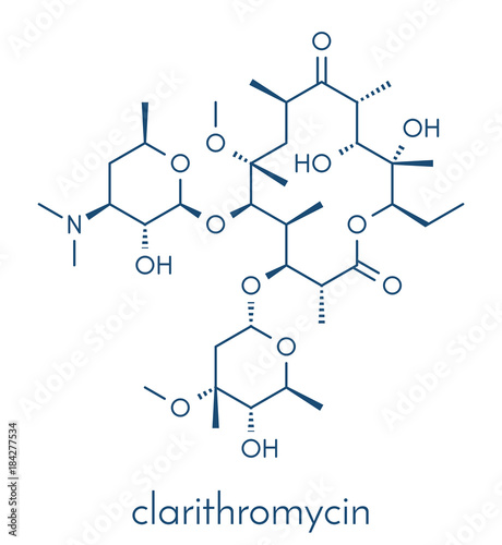 Clarithromycin antibiotic drug (macrolide class) molecule. Skeletal formula.