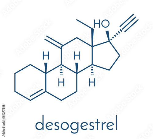 Desogestrel birth control pill drug molecule. Skeletal formula. photo