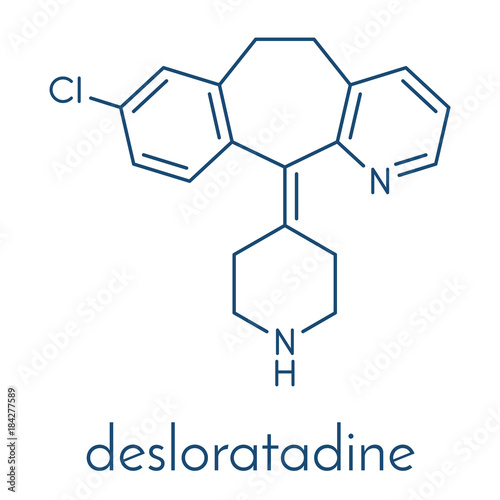 Desloratadine antihistamine drug molecule. Used to treat hay fever, urticaria and allergies. Skeletal formula.