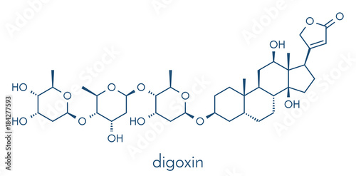 digoxin heart failure drug molecule. Extracted from foxglove plant (digitalis lanata) Skeletal formula. photo