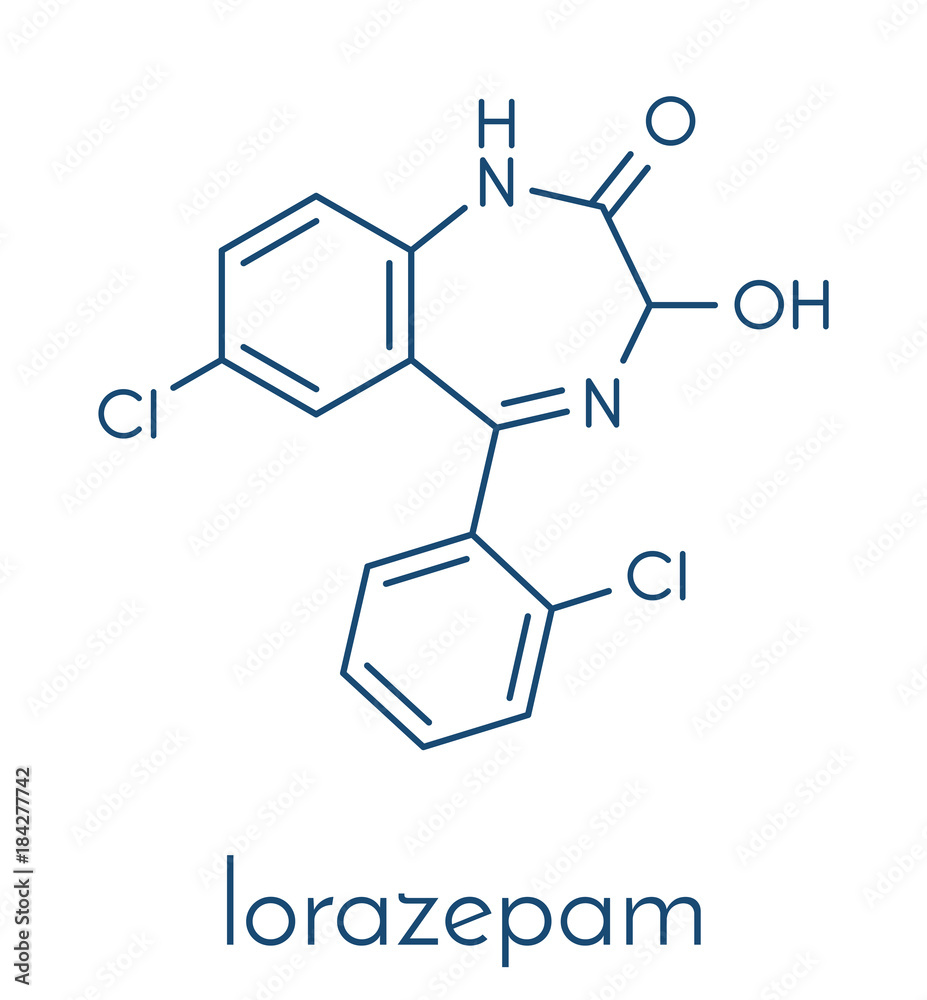 Vetor de Lorazepam sedative and hypnotic drug (benzodiazepine class) molecule. Skeletal formula
