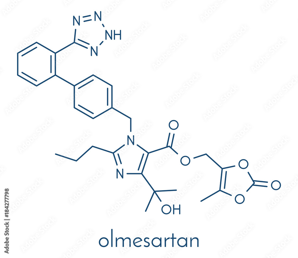 Olmesartan high blood pressure (hypertension) drug. Skeletal formula.