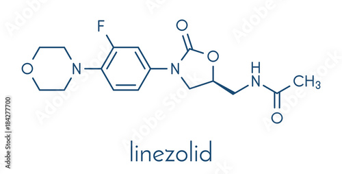 Linezolid antibiotic drug (oxazolidinone class) molecule. Skeletal formula.