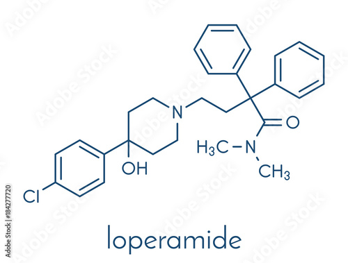 Loperamide diarrhea drug molecule. Skeletal formula. photo