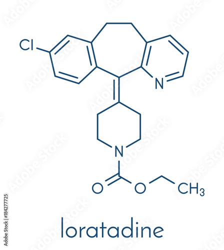 Loratadine antihistamine drug molecule. Used to treat hay fever, urticaria and allergies. Skeletal formula.