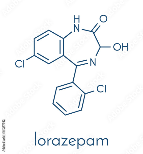 Lorazepam sedative and hypnotic drug (benzodiazepine class) molecule. Skeletal formula.