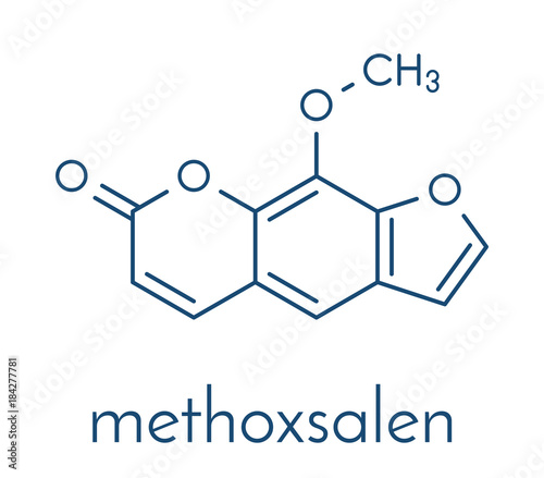 methoxsalen (psoralen) skin disease drug molecule. Used in PUVA therapy in combination with UVA radiation. Skeletal formula.