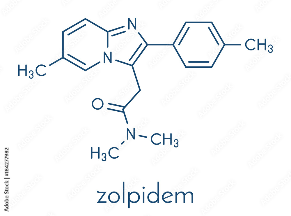 Zolpidem insomnia drug (sleeping pill) molecule. Skeletal formula.