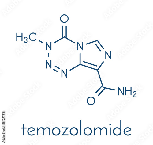 Temozolomide cancer chemotherapy drug molecule. Skeletal formula.
