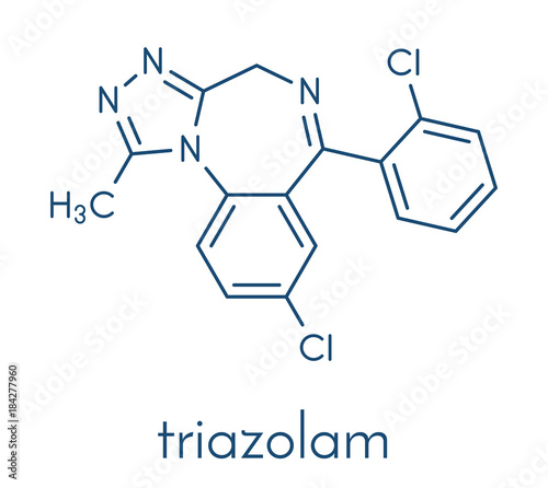 Triazolam insomnia drug (sleeping pill, benzodiazepine class) molecule. Skeletal formula.