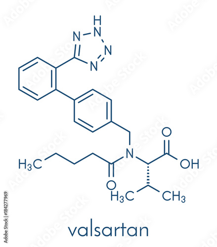 Valsartan high blood pressure (hypertension) drug. Inhibitor of angiotensin II receptor. Skeletal formula.