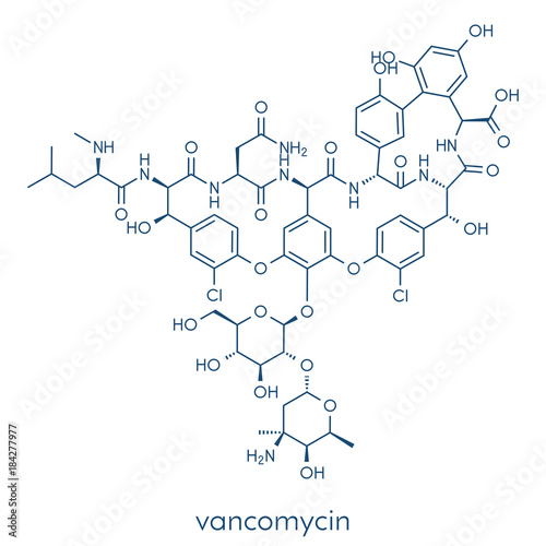 Vancomycin antibiotic drug (glycopeptide class) molecule. Skeletal formula.