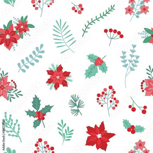 Christmas holiday seamless pattern with green and red seasonal decorative pla...