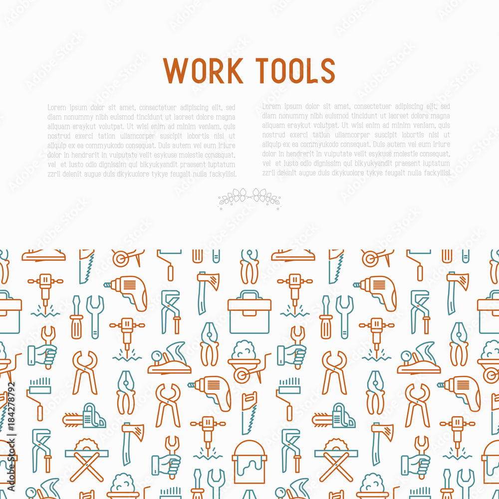 Work tools concept with thin line icons: puncher, drill, wrench, plane, toolbox, wheelbarrow, saw, pliers, sawing machine. Modern vector illustration of building equipment for web page or print media.