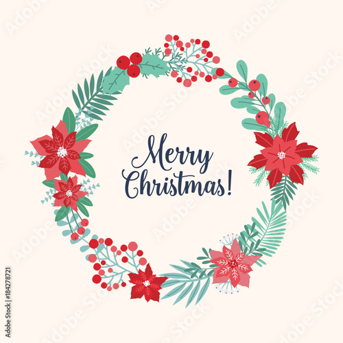 Christmas greeting inside holiday wreath or circular garlands made of intertwined seasonal flowers, branches, berries and leaves