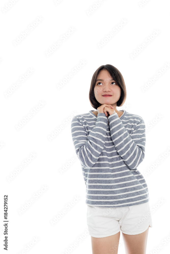 Beautiful asian woman is dreaming to her success, portrait studio on white background Beautiful asian woman is dreaming to her success, portrait studio on white background