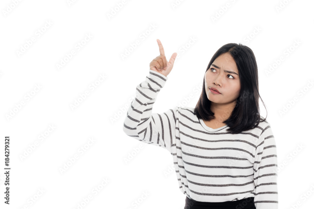 Beautiful asian woman is thinking, portrait studio on white background Beautiful asian woman is thinking, portrait studio on white background