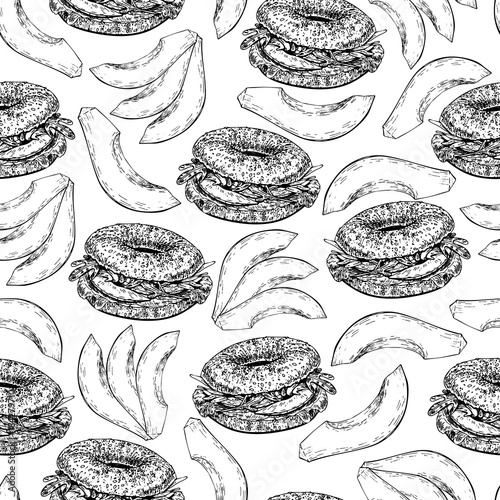 Vector hand drawn seamless pattern of bagels and avocado slice. Hand drawn set of fast food. Vintage engraved illustration. Isolated on white. For restaurant, menu, street food, bakery, cafe, flyer