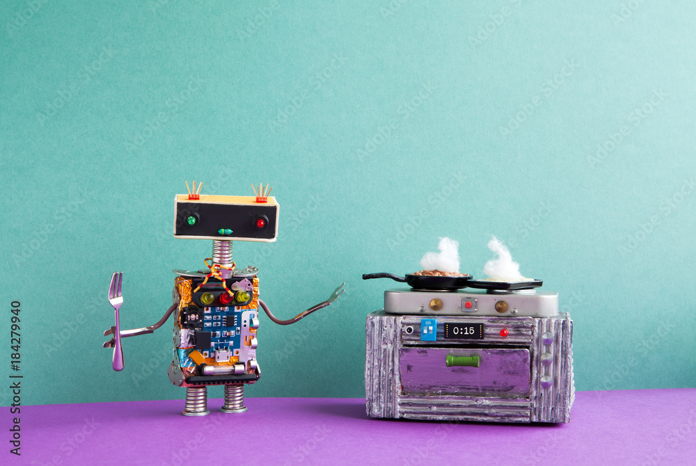 Robot chef with fork, frying pan electronic stove oven. Creative design toys, automation robotic