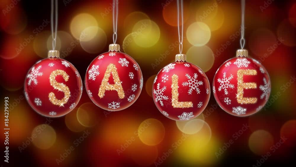 Sale banner on red Christmas balls with round snow flake on gold bokeh background. 4K