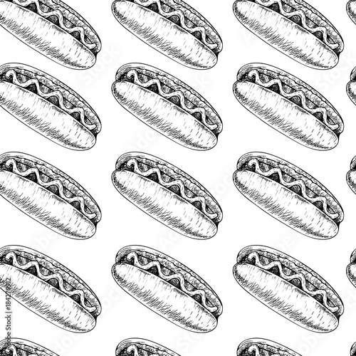 Vector hand drawn seamless pattern of american hot dogs. Hand drawn set of fast food. Vintage engraved illustration. Isolated on white. For restaurant, menu, street food, bakery, cafe, logo, flyer
