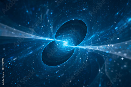 Blue glowing spinning spiral energy source in space