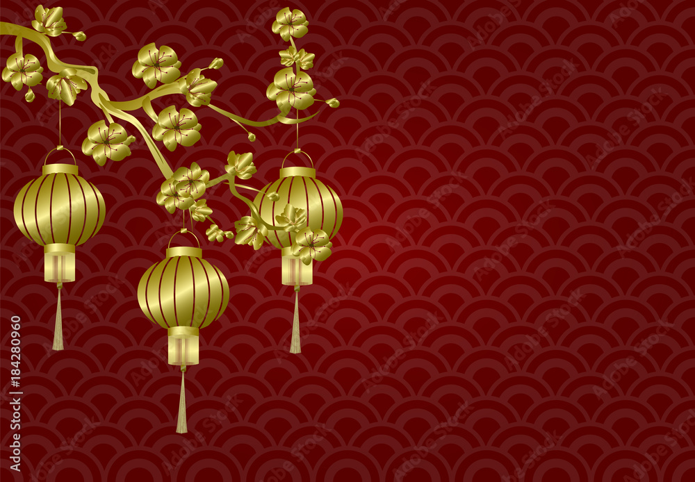 Chinese New Year. Stylized copper, bronze Chinese lanterns on a cherry branch. Sakura. red background. illustration Chinese New Year. Stylized copper, bronze Chinese lanterns on a cherry branch. Sakura. red background. illustration