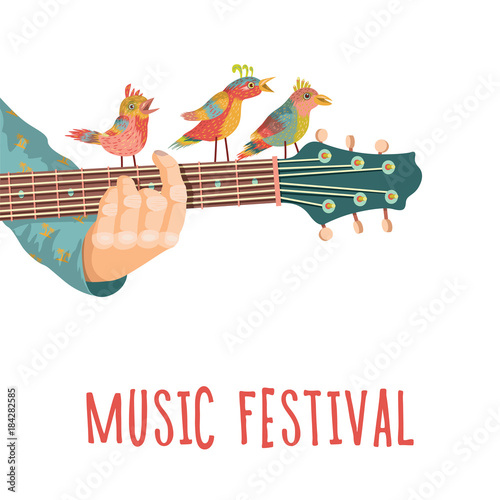 Music festival. Guitar with birds. Colorful music background. Vector illustration