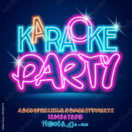 Vector bright light up neon poster Karaoke Party. Shiny Alphabet letters, Numbers and Symbols