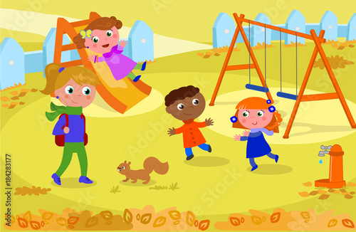 Kids and teacher at the playground in autumn vector