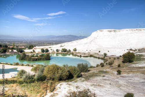 Beautiful landscape of the travertine pools and terraces in Pamukkale in Turkey 