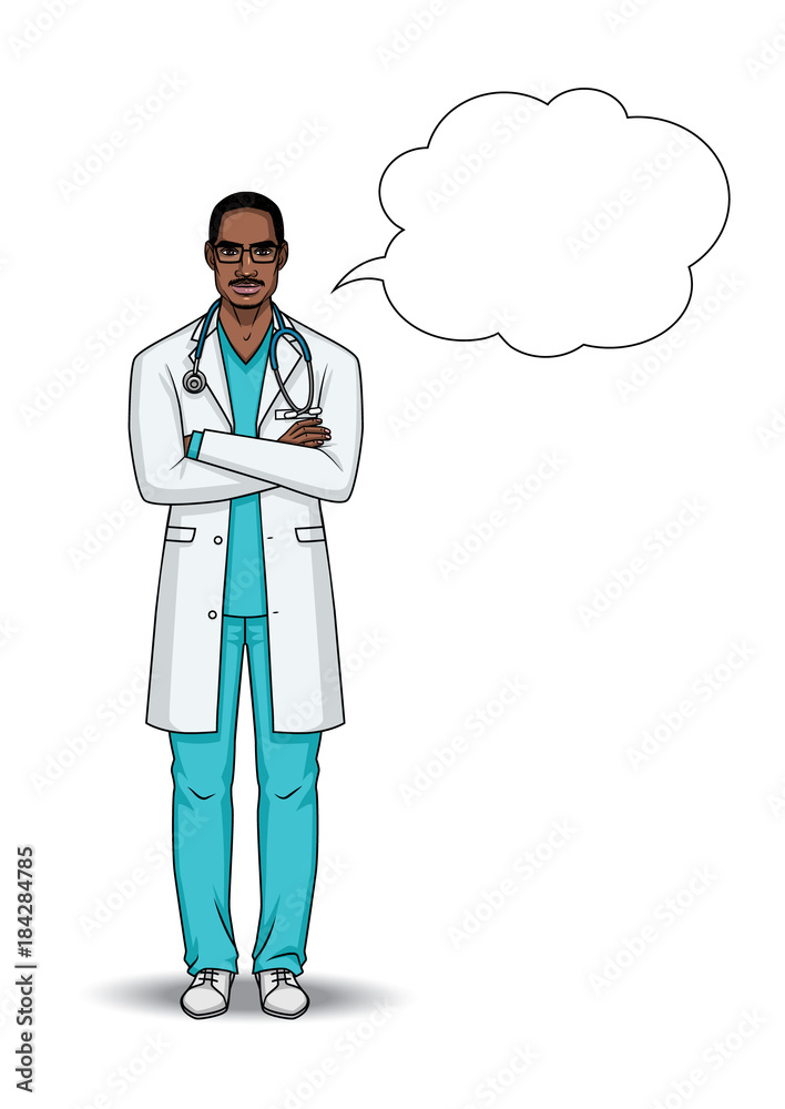 Vector illustration of a doctor with speech bubble. A male doctor with a stethoscope holds his hands on his chest. A Afro American guy doctor in a medical robe isolated from white background Vector illustration of a doctor with speech bubble. A male doctor with a stethoscope holds his hands on his chest. A Afro American guy doctor in a medical robe isolated from white background