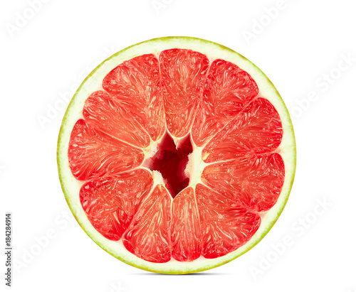 half cut of red pomelo citrus fruit isolated on white background