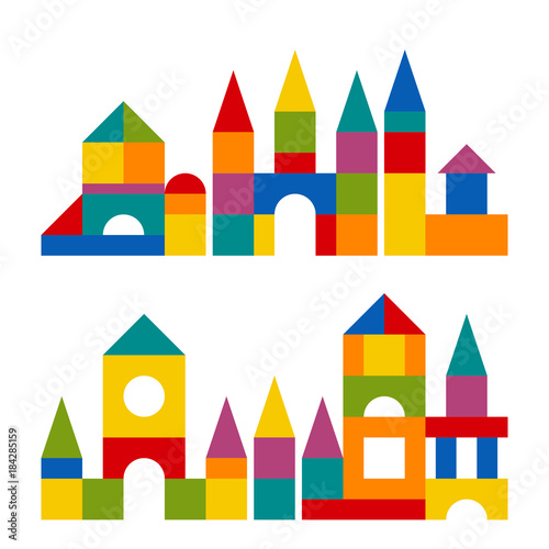 Bright colorful wooden blocks toy. Bricks childrens building tower, castle, house. Vector flat style illustration isolated on white background.