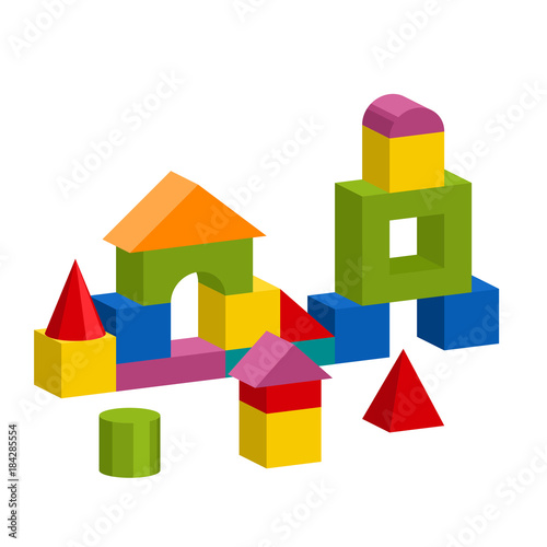 Bright colorful wooden blocks toy. Bricks childrens building tower, castle, house. Vector volume style illustration isolated on white background.