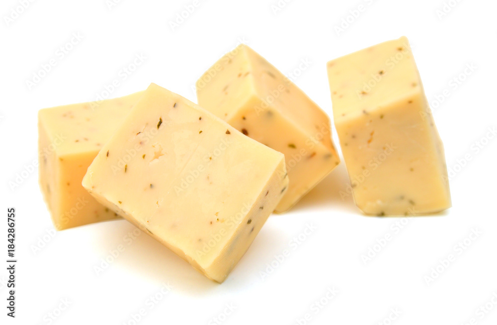 Diced blue cheese - studio shot on white background Diced blue cheese - studio shot on white background