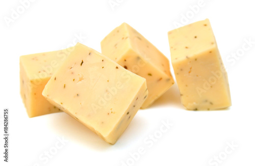 Diced blue cheese - studio shot on white background