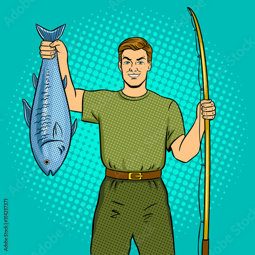 Fisherman with fishing rod and fish pop art vector