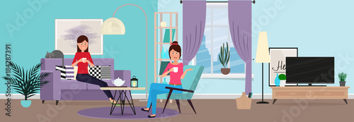 Funny, beautiful girls talk at home. Animated characters. Vector illustration, Flat design.