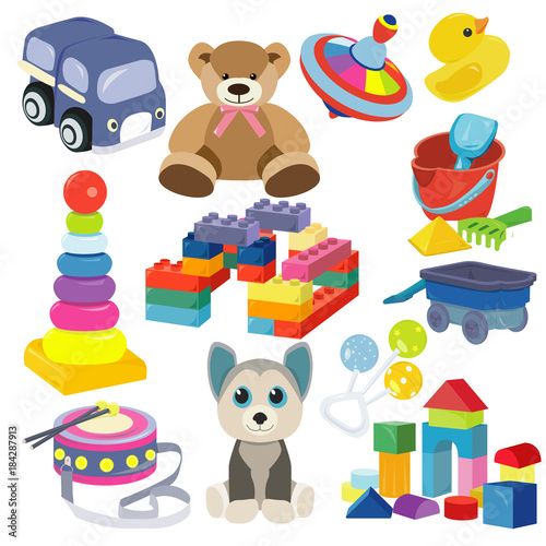 Cartoon baby toy set. Cute object for small children to play with, toys, stuffed animals, fun and activity. Vector flat style cartoon illustration isolated on white background.