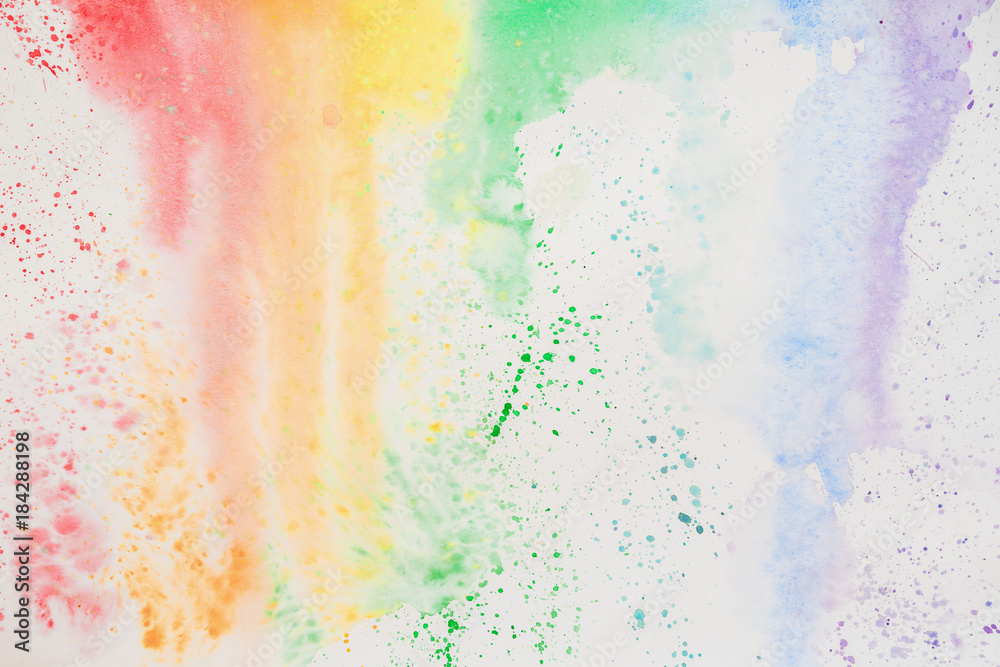 Abstract watercolor stains, iridescent texture in colorful shades of vivid bright colors on white paper, rainbow. Current watercolor